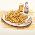 Detailed Crosshatched French Fries And Drinks On White Plate