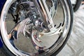 Detailed custom wheel with chrome spokes of custombike motorcycle or chopper bike