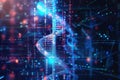 A detailed 3D DNA strand is integrated with streams of binary code and digital data in a modern, high-tech environment Royalty Free Stock Photo