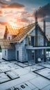 Detailed 3D house model showcasing construction stages, roofing, insulation, interior details.
