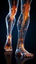 Detailed 3D medical figure, spotlighting knee and ankle bones of male physiology