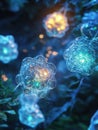 3D illustration of an adeno-associated virus in a fluid environment, featuring intricate structures and a bioluminescent Royalty Free Stock Photo