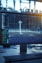 Detailed 3D model of a solar power grid system displayed on a workstation screen.