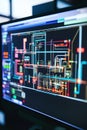 Detailed 3D model of a solar power grid system displayed on a workstation screen.