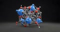 3D molecular structure with blue, red, gray, and white spheres connected by metallic rods on a dark background Royalty Free Stock Photo