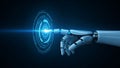 Robotic Hand Interface Pointing to Futuristic Display Demonstrating Artificial Intelligence Connection Royalty Free Stock Photo