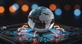 Digital Globe on a Circuit Board with Glowing Orange and Blue Energy Connections earth world Royalty Free Stock Photo