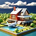 Detailed 3D Render: Isometric Illustrated House on a Plane Background