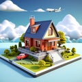 Detailed 3D Render: Isometric Illustrated House on a Plane Background