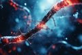 Abstract microscopic view of a virus or bacterium with glowing red internal structure and blue bokeh background Science Royalty Free Stock Photo