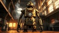 Detailed 3D Render of Steampunk Robot with Cogwheel Mechanisms and Victorian Factory Background