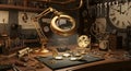 Steampunk Watchmaker\'s Workbench: Tools, Clocks, Gears Royalty Free Stock Photo