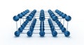 Abstract 3D molecular structure with blue spheres connected by metallic rods arranged in a grid pattern on a clean white Royalty Free Stock Photo