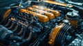 Detailed 3D rendering of a car internal combustion engine including power, ignition, cooling, lubrication and exhaust Royalty Free Stock Photo