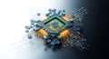 Detailed 3D rendering of a central green computer processor chip with glowing orange circuits and blue data Royalty Free Stock Photo