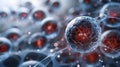 A detailed 3D rendering of a cluster of microscopic cells, showcasing intricate structures and connections in a scientific and