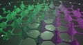 A 3D rendered molecular structure composed of interconnected green and purple triangles arranged in a grid pattern with a dark Royalty Free Stock Photo
