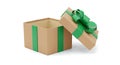 Open brown gift box with green bow on white background Royalty Free Stock Photo