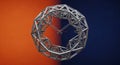 A 3D rendered geometric clock with intricate metal gears and cogs arranged in a symmetrical pattern against an orange and blue Royalty Free Stock Photo