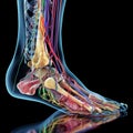 A detailed 3D rendering of the human foot anatomy, showcasing bones, muscles, nerves, and blood vessels Royalty Free Stock Photo