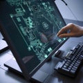 A detailed 3D rendering of an intricate circuit board displayed on a computer monitor as a technician inputs a command