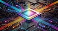 Futuristic glowing central processing unit chip with colorful neon circuit pathways and digital technology elements Royalty Free Stock Photo
