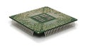 A 3D rendered computer chip with gold circuit boards and silver pins on a green background representing modern technology and Royalty Free Stock Photo