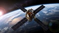 Advanced Communication Satellite Orbiting Earth with Solar Panels Extended at Sunrise, Outer Space Digital Art Royalty Free Stock Photo