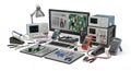 Electronics Engineering Workbench with Oscilloscope Multimeter and Circuit Boards on White Background for Technology Royalty Free Stock Photo