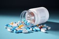 Detailed 3D rendering of white medication bottle containing numerous therapeutic capsules