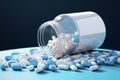 Detailed 3D rendering of white medication bottle containing numerous therapeutic capsules