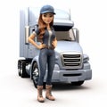 Detailed 3d Rendering Of Woman Standing Next To Semi Truck