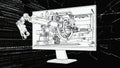 3D Wireframe Robotic Arm Blueprint on Monitor with Binary Code Background Royalty Free Stock Photo