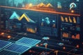 Modern technology interface showcasing solar energy data and analytics dashboard with vibrant displays. Generative AI