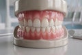 Detailed dental model showcasing human teeth and gums on a reflective surface in a dental office setting Royalty Free Stock Photo