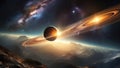 Detailed depiction of a planet orbiting a distant star against the backdrop of space Royalty Free Stock Photo