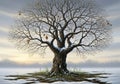 A detailed digital artwork of a large deciduous tree with thick, Royalty Free Stock Photo