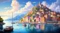 A detailed digital illustration of a charming coastal town with colorful buildings, a bustling harbor, and a vibrant atmosphere,