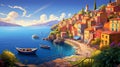 A detailed digital illustration of a charming coastal town with colorful buildings, a bustling harbor, and a vibrant atmosphere,