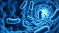 Detailed digital illustration of microscopic bacteria in a hexagonal tunnel structure with glowing rodshaped forms in blue tones Royalty Free Stock Photo