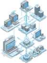 Detailed Digital Illustration Showing Computer Network Structure With Various Devices and Connections in a Modern Tech Royalty Free Stock Photo