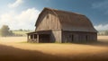 A detailed digital painting of a rustic, weathered barn in a vast open field.