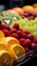 Detailed display closeup of assorted fresh fruit slices at Barcelonas renowned La Boqueria market