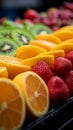 Detailed display closeup of assorted fresh fruit slices at Barcelonas renowned La Boqueria market