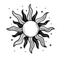 Detailed drawing of the sun with rays, engraving, hand drawing. Silhouette of the sun, linear sketch for tarot Royalty Free Stock Photo