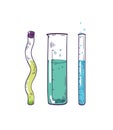 Detailed drawing of test tubes with colorful fizzy liquid reagents isolated on white background. Laboratory glassware