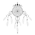 Detailed dreamcatcher with mandala ornament and Moon Phases. Black Mystic symbol