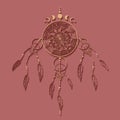 Dreamcatcher with mandala ornament and Moon Phases. Gold Mystic symbol, Ethnic art with native American Indian boho design, vector