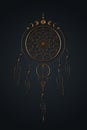 Detailed dreamcatcher with mandala ornament and Moon Phases. Gold Mystic symbol, Ethnic art with native American Indian boho style