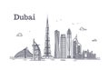 Detailed dubai line vector cityscape with skyscrapers. Uae landmark skyline